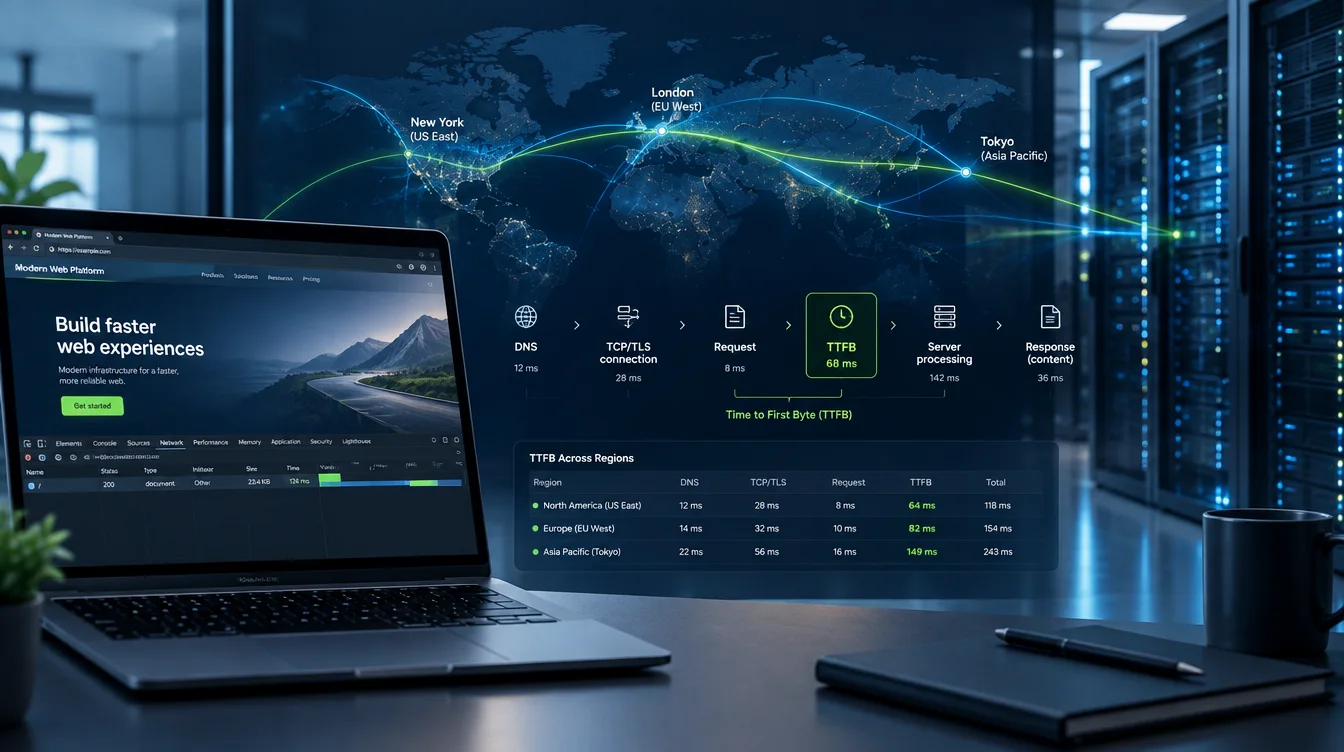 Browser request timing across regional network paths illustrating Time to First Byte