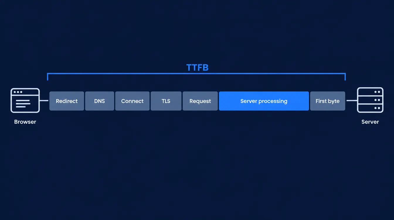 The stages contained within Time to First Byte, from redirect and DNS lookup to server processing