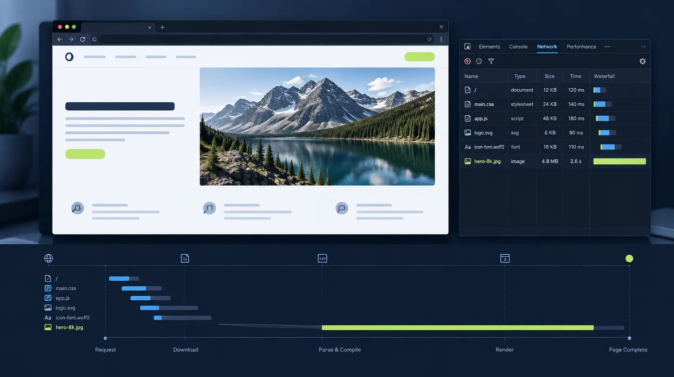 Browser performance analysis showing a large image resource contributing to page loading cost